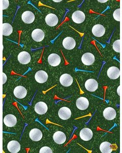 Tee Time Par for the Course: Golf Balls & Tees Green - Timeless Treasures Fabric sport-cd8030 green