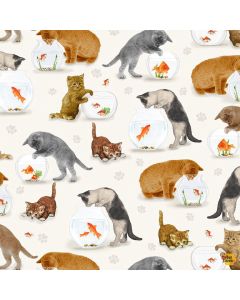 Quirky Cats: Cats and Fish Bowl - Timeless Treasures Fabrics cat-cd2061 cream
