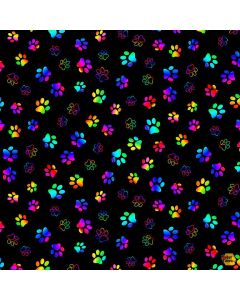 Cat: Live Love Meow: Rainbow Paw Prints - Timeless Treasures Fabric cat-cd3035 black