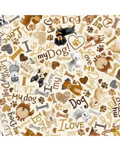 Dogs Rule Happiness Has Paws: Tossed Dogs & Words Cream -- Timeless Treasures Fabric dog-cd3317 cream 
