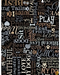 Dogs Rule Happiness Has Paws: Dog Text -- Timeless Treasures Fabric dog-cd8554 black
