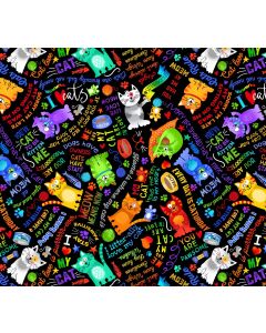 Cat: Live Love Meow: Rainbow Cats and Words - Timeless Treasures Fabric gail-cd3337 black 