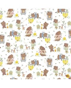 Honey Bear: Bears & Bees Scenic - Timeless Treasures Fabric kidz-cd3487 white