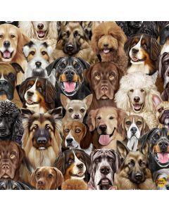 Dogs Rule Happiness Has Paws: Packed Dogs Portrait -- Timeless Treasures Fabric Michael-cd2947 natural