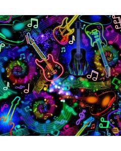 I'm With the Band: Neon Music Notes & Guitars Black - Timeless Treasures Fabrics music-cd2978 black - 1 yard 16" remaining