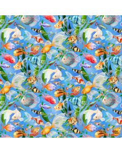 Cat: Feline Fanatic Aquarium Fish - Timeless Treasures Fabrics rosie-cd4151 blue 