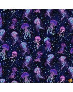 Ocean Life: Bioluminescent Jellyfish - Timeless Treasures Fabrics sea-cd2852 midnight 
