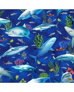 Ocean Life: Reef Sharks and Fishes - Timeless Treasures Fabrics sea-cd3132 deep 