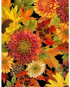 Thankful: Packed Harvest Bouquets Metallic- Timeless Treasures Fabric Harvest-cm1286 black