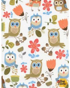 Owl: Owls with Floral and Acorns - Timeless Treasures owl-c1823 white