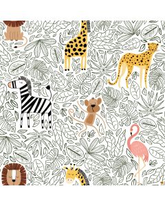 Wild Safari by JJ Design House:  Stacked Animals and Leaves - 3 Wishes Fabrics 24193-wht 