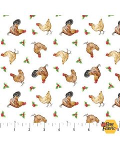 Barnyard Christmas: Chicken Toss White Multi - Northcott Fabrics 28804-10