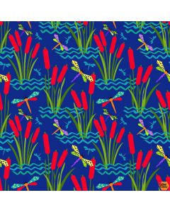 Pond Life: Cattails with Dragonflies - Blank Quilting 2967-77 Dk Blue
