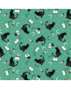 Witchy Wicked by Rose Halsey: Black Cats, Crystal Balls and Potions - Blank Quilting 4860-70 turquoise 