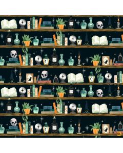 Witchy Wicked by Rose Halsey: Bookshelf with Potion Bottles and Crystal Balls - Blank Quilting 4861-99 black 
