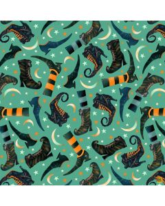Witchy Wicked by Rose Halsey: Witch Boots and Moons - Blank Quilting 4863-70 turquoise