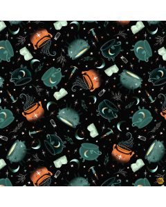 Witchy Wicked by Rose Halsey: Cauldrons, Potion Books and Candles - Blank Quilting 4865-99 black