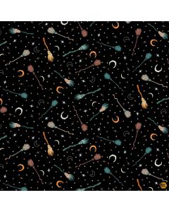 Witchy Wicked by Rose Halsey: Broomsticks, Stars and Moon - Blank Quilting 4867-99 black 