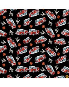 To The Rescue: Tossed Fire Truck and Dalmatian -- Henry Glass Fabrics 538-99 black