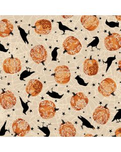 Spooky Night Tossed Pumpkins and Crows -- Studio E 5719-33 Ecru/Orange - 1.25 yards remaining