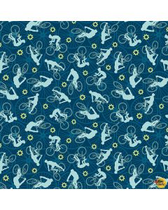 Silent Sports: Tossed Bicyclists -- Studio E Fabrics 5975-76 dark teal