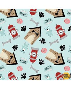 Paw-sitively Awesome Dog: Tossed Dog Houses Light Blue - Studio E Fabrics 7450-11