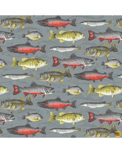 River Rhythms: Freshwater Fish - Studio E Fabrics 7955-99 pewter