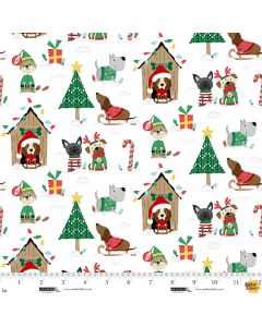 Merry Woof-Mas:  Scenic with Dogs White - Studio E Fabrics 8352-06 white