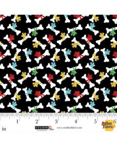 Merry Woof-Mas: Bone with Bow Toss Black - Studio E Fabrics 8359-99 black