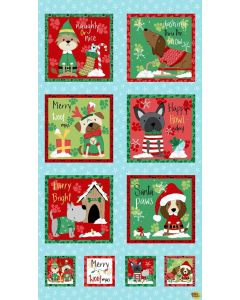 Merry Woof-Mas:  Dog Christmas Block Panel (2/3 yard) - Studio E Fabrics 8361p-18 light blue