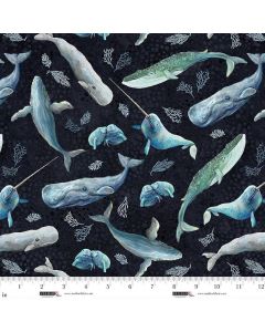 A Drop in the Ocean: Sealife Toss Whales - Studio E Fabrics 8818-74 midnight