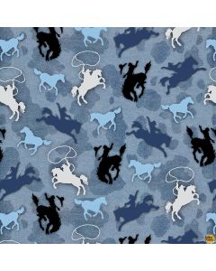 Sunset Rodeo: Tossed Riding Broncos Blue -- Henry Glass Fabrics 9151-11