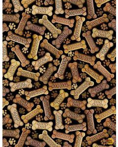 Dogs Rule Happiness Has Paws: Tossed Dog Bones Black -- Timeless Treasures Fabric dog-c8555 black 