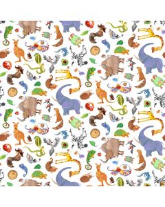 ABC 123: Animal Toss White Multi  -- Northcott Fabrics 24947-10