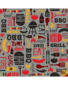 Peace, Love & BBQ: Words BBQ Motifs Text -- Henry Glass Fabric 9511-90 gray - 2 yards 11" remaining