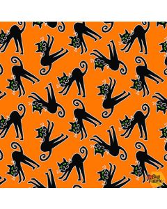 Here We Glow: Tossed Cats Orange (Glow in the Dark) -- Henry Glass Fabrics 9539g-39