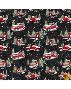 The Tradition II: Small Red Trucks on Black -- Henry Glass Fabrics 9724-99 - 1 yard 15" remaining