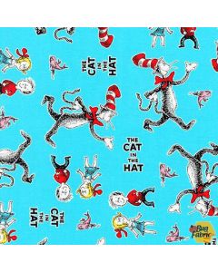 Dr. Seuss The Cat in the Hat: Tossed Characters Aqua - Robert Kaufman ade-18197-70 aqua
