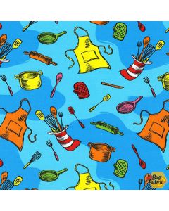 Seuss Chef: Tossed Cooking Utensils Blue -- Robert Kaufman ade-20392-4 blue - 3 yards 4" + FQ remaining