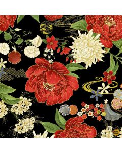 Lotus Garden: Lotus Floral Metallic Black - Timeless Treasures Fabric lotus-cm3661 black