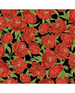 Lotus Garden: Metallic Peony Floral Black - Timeless Treasures Fabric lotus-cm3663 black