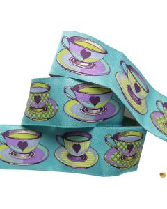 Curiouser & Curiouser by Tula Pink Ribbons: Big Tea Time Blue 1.5" -- Renaissance Ribbons TK-74/38mm col1 