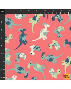 Follow My Footprint: Dinosaur Babies, Mums and Eggs Coral -- Stof Fabrics 4501-581