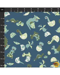 Follow My Footprint: Baby Dinosaurs and Eggs Dark Blue -- Stof Fabrics 4501-586