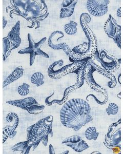 Beach Day Seas the Day: Sea Life Delft - Timeless Treasures sea-c5335 delft - 2 yards 16" + FQ remaining