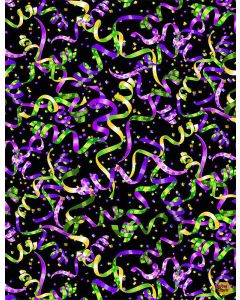 Mardi Gras: Streamers & Confetti - Timeless Treasures gail-cd8582 black -- 1 yard 17" + 9" remaining