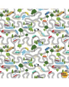 Beep Beep! Winding Road White -- Clothworks Textiles y3892-1 - 2.5 yards remaining