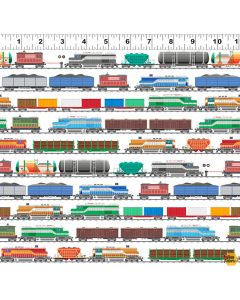 Let's Go!  Trains White - Clothworks y4466-1