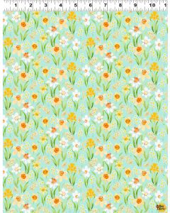 Spring Cheer: Daffodils Light Teal -- Clothworks y4694-103 