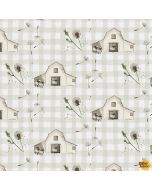 A Beautiful Day: Tiny Barns on Check Beige - Henry Glass Fabrics 1091-44